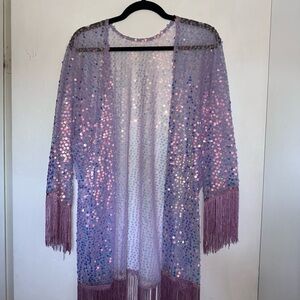 Lavender Sequin Fringe Open Cardigan Jacket